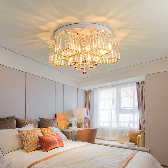 Modern Cubic Flush Mount Crystal Ceiling Light With Pink Rose Draping - 19.5’/23.5’ Dia 5/6