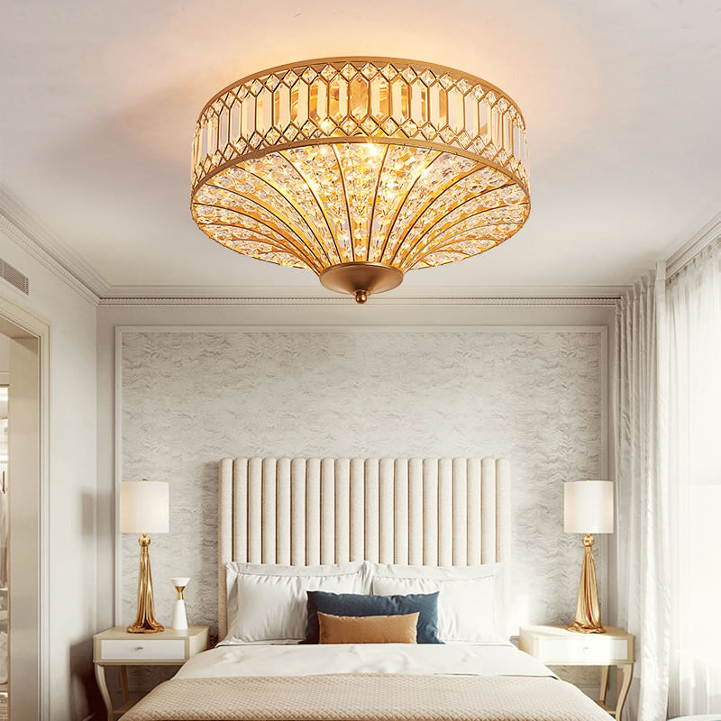 Chinese Style 5-Light Bedroom Ceiling Lamp In Flared Crystal Flush Mount Design - Gold Finish

This