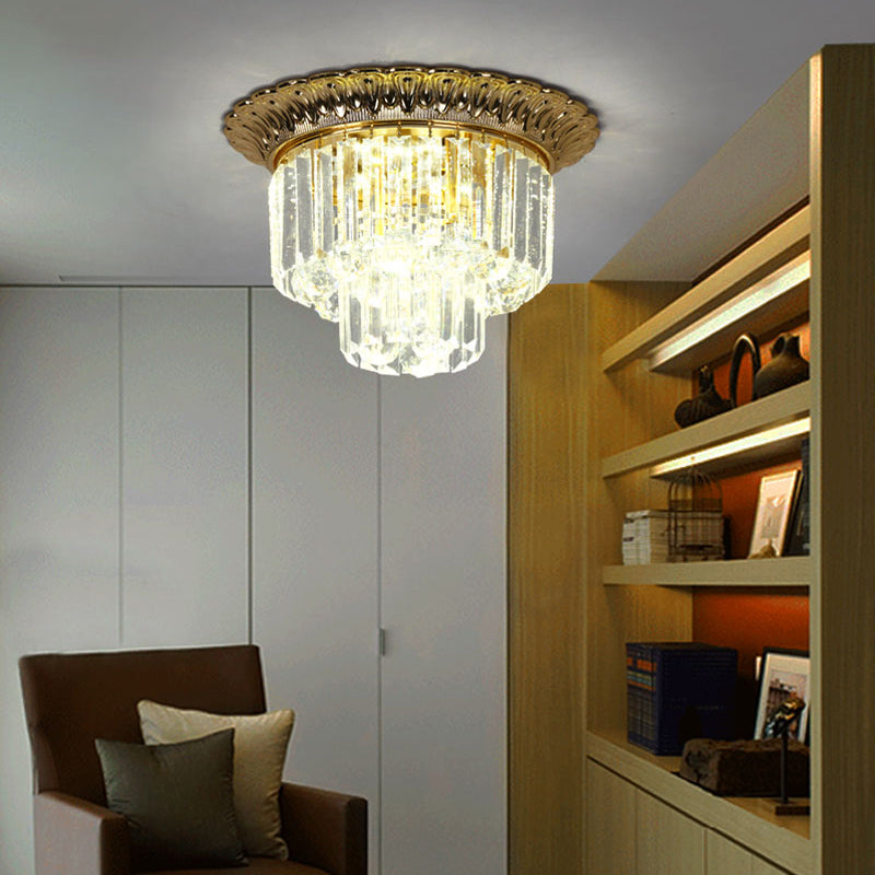 2-Tier Minimalist Crystal Flush Light With Led Golden Indoor Ceiling Lighting 14’/16’ Diameter
