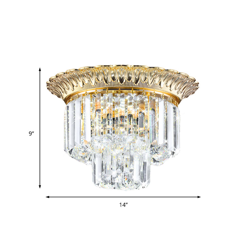 2-Tier Minimalist Crystal Flush Light With Led Golden Indoor Ceiling Lighting 14’/16’ Diameter