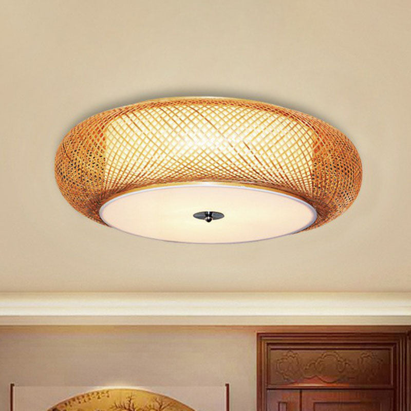 Bamboo Single Curved Drum Flush Mount Ceiling Light - Asia - Inspired Wood Design For Living Room