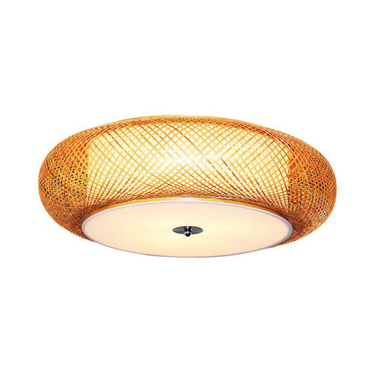 Bamboo Single Curved Drum Flush Mount Ceiling Light - Asia - Inspired Wood Design For Living Room