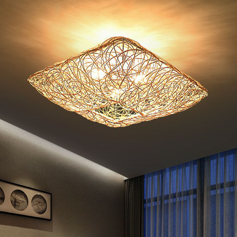 Japanese Rattan Square Flush Ceiling Light With 3 Heads Wood Bedroom Mount Lighting