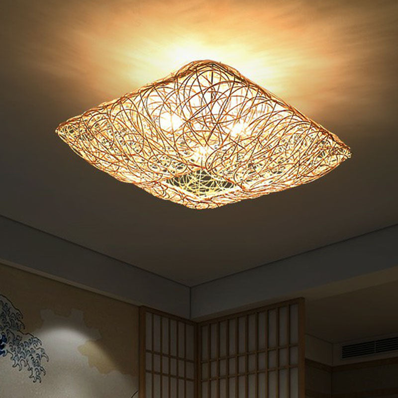 Japanese Rattan Square Flush Ceiling Light With 3 Heads Wood Bedroom Mount Lighting