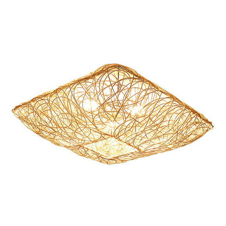 Japanese Rattan Square Flush Ceiling Light With 3 Heads Wood Bedroom Mount Lighting