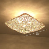 Japanese Rattan Square Flush Ceiling Light With 3 Heads Wood Bedroom Mount Lighting / 23.5