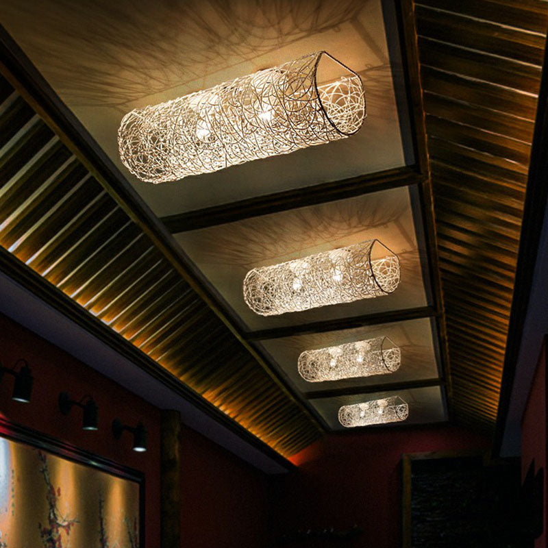 Simplicity Rattan Flush Mount Ceiling Light - Cylindrical Restaurant Lighting