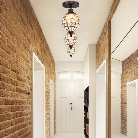 Rustic Iron Semi Flush Mini Disco Ball Ceiling Light With Crystal Draping - 5’/6.5’ W 1-Light