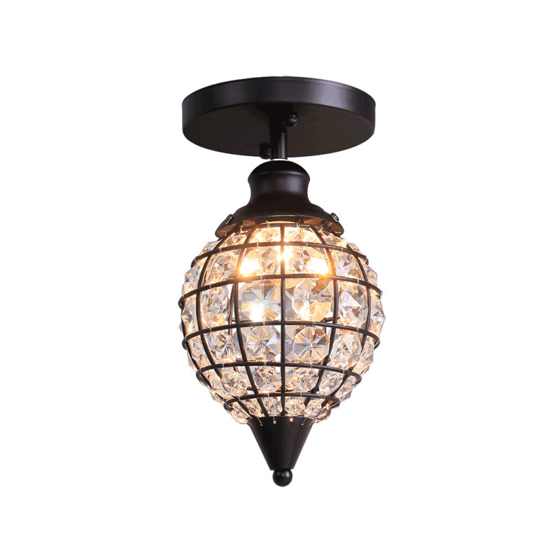 Rustic Iron Semi Flush Mini Disco Ball Ceiling Light With Crystal Draping - 5’/6.5’ W 1-Light