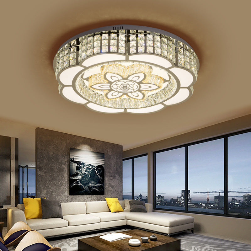 23.5/31.5 Wide Crystal Flush Light Led Ceiling Fixture - Simple Flower Design In Chrome Ideal For