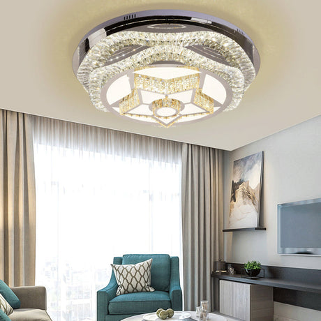 Modern Led Crystal Dome Flush Mount Ceiling Light In Chrome With Star/Gyro Pattern For Living Room -
