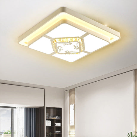 Minimal Led White Flush Mount Ceiling Light For Living Room - Crystal Square/Rectangular Lamp /