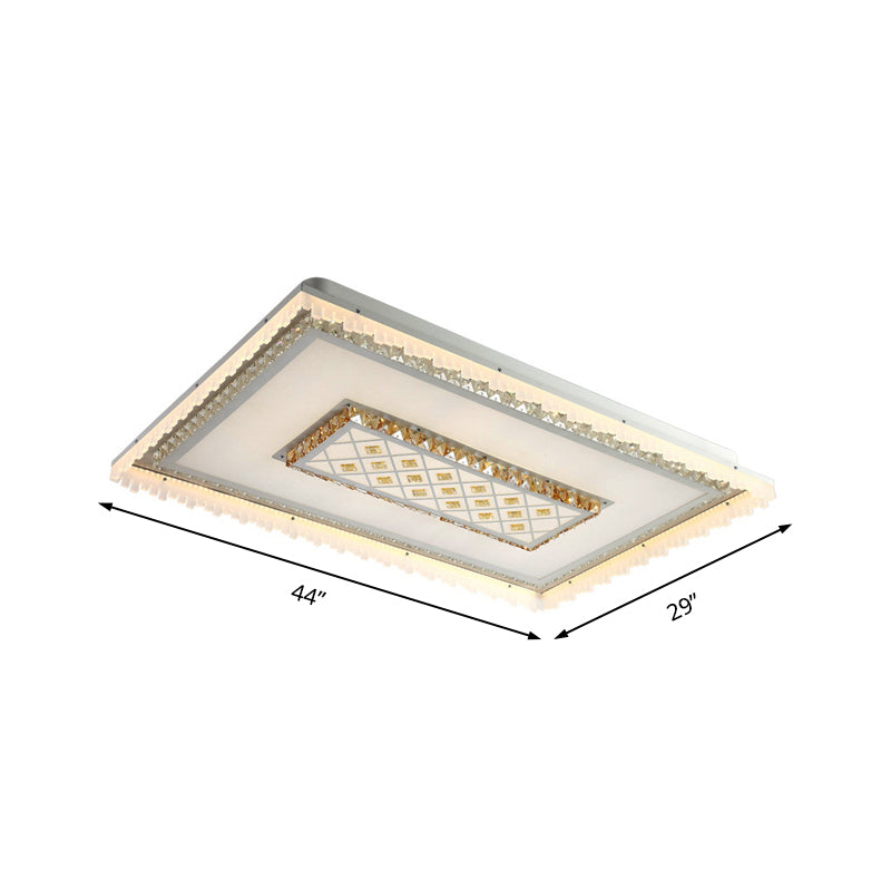 Modern Square/Rectangle Flush Crystal Led Ceiling Light In White For Living Room