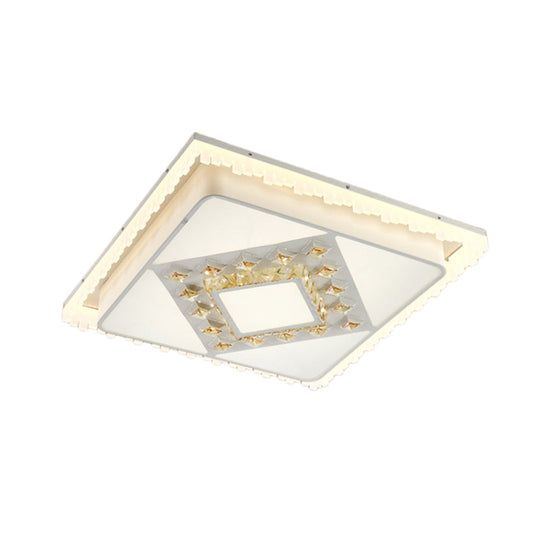 Modern Square/Rectangle Flush Crystal Led Ceiling Light In White For Living Room
