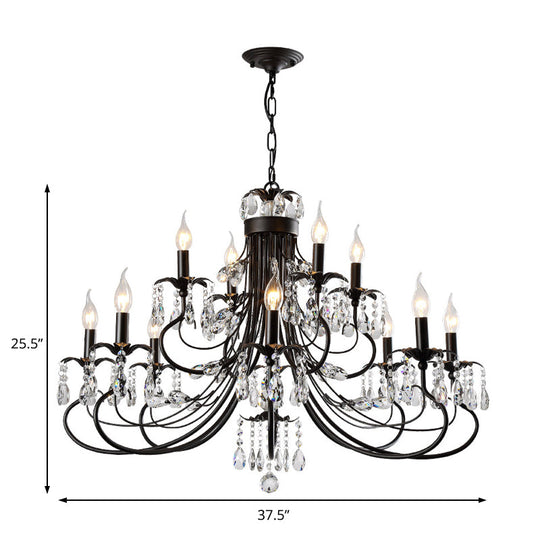 Traditional Iron Candle Chandelier Pendant - 6/8/12 Light Black Hanging With Crystal Drops
