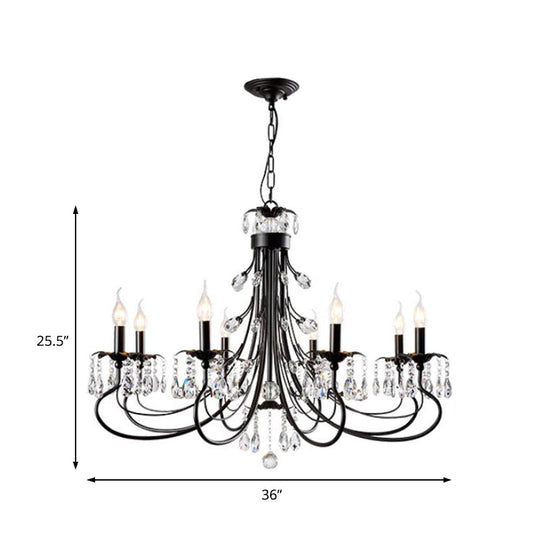 Traditional Iron Tiered Candle Chandelier Pendant With Crystal Drops - 6/8/12 Lights Black Hanging