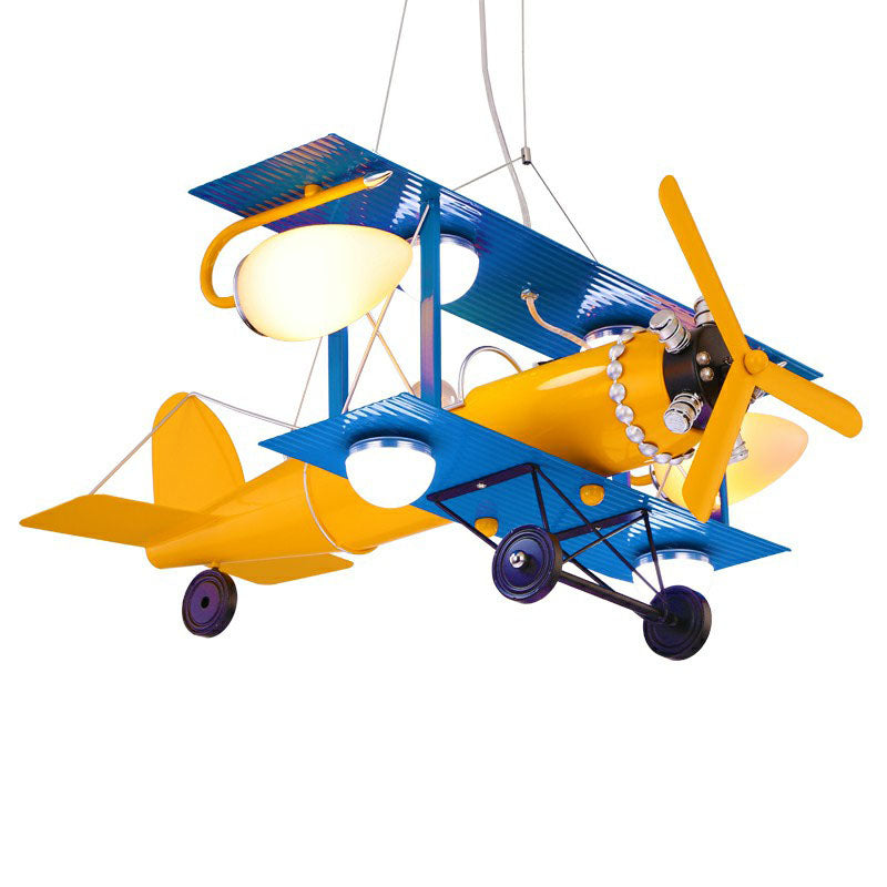 Yellow Led Nursery Chandelier With Jet Plane Design And Cream Glass Shade