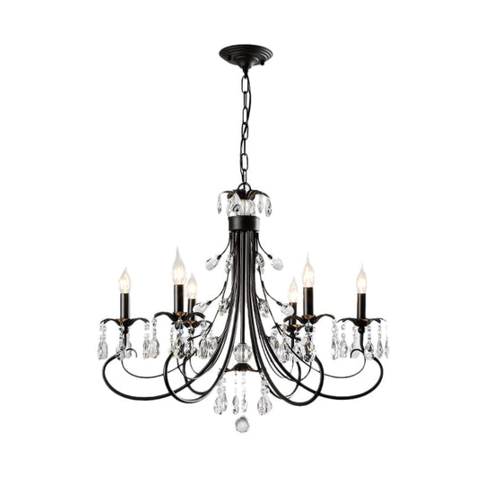 Traditional Iron Tiered Candle Chandelier Pendant With Crystal Drops - 6/8/12 Lights Black Hanging