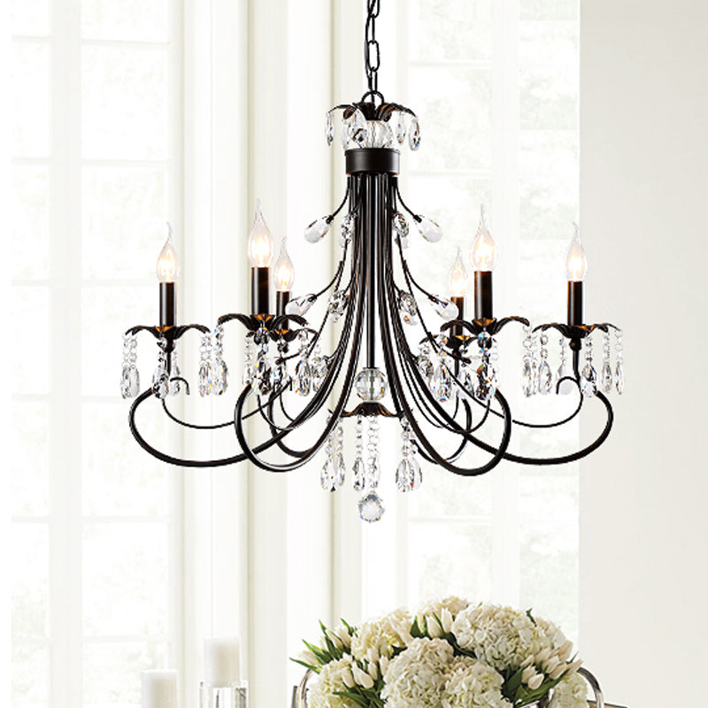 Traditional Iron Tiered Candle Chandelier Pendant With Crystal Drops - 6/8/12 Lights Black Hanging