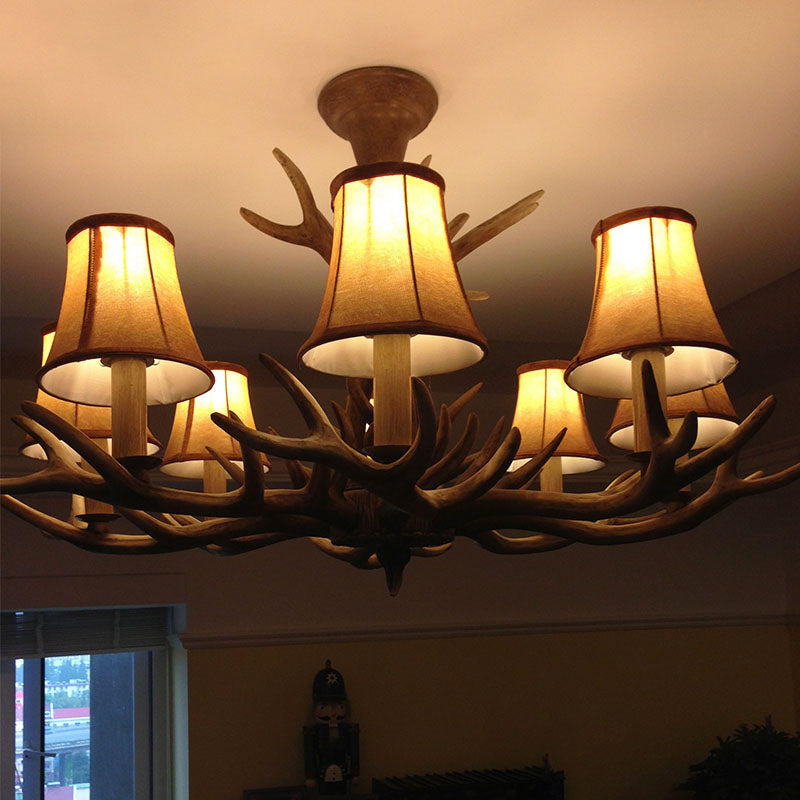 Antler Ceiling Light Fixture With Resin Shade - Traditional Chandelier For Living Room In Brown