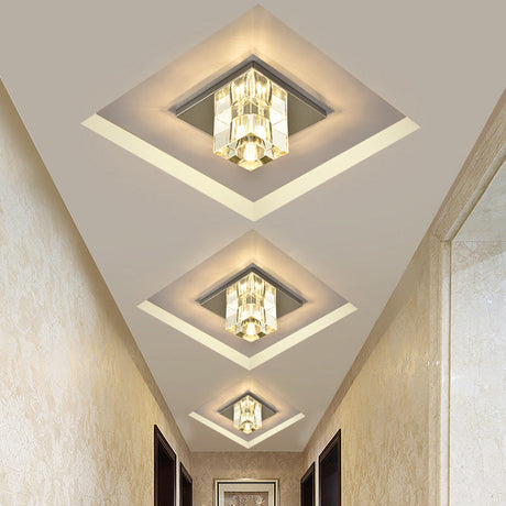 Modern Crystal Block Mini Flush Ceiling Light With Clear Led - Ideal For Corridor