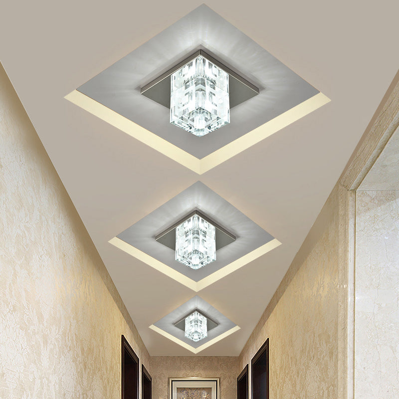 Modern Crystal Block Mini Flush Ceiling Light With Clear Led - Ideal For Corridor