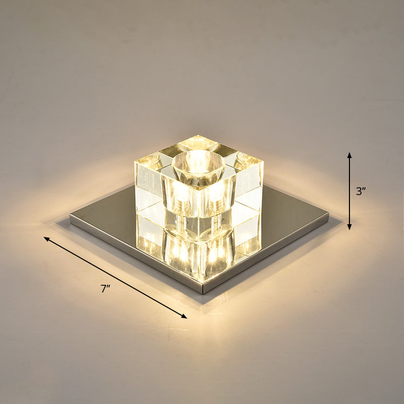 Modern Crystal Block Mini Flush Ceiling Light With Clear Led - Ideal For Corridor / 7 Warm