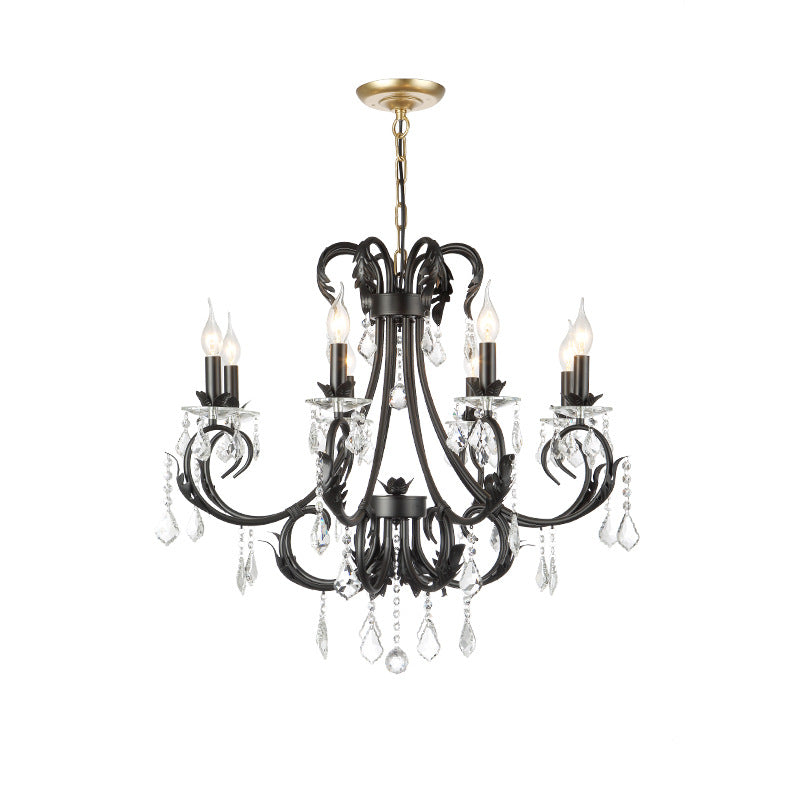 Black Candle Chandelier With Crystal Drops - Traditional Ceiling Pendant Lamp (6/8 Lights)