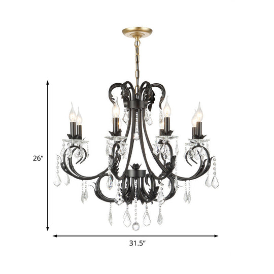 Black Candle Chandelier With Crystal Drops - Traditional Ceiling Pendant Lamp (6/8 Lights)