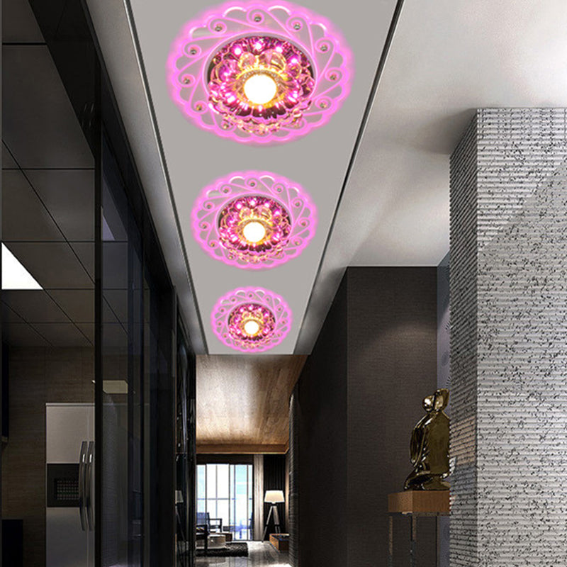 Contemporary Led Flower Flush Crystal Ceiling Light For Elegant Passages