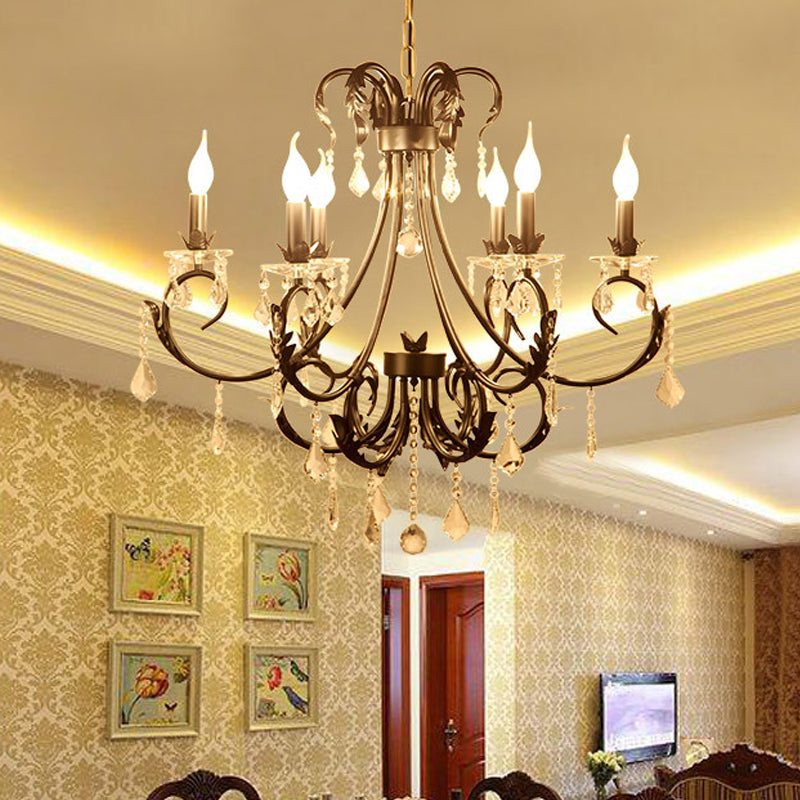 Black Candle Chandelier With Crystal Drops - Traditional Ceiling Pendant Lamp (6/8 Lights)