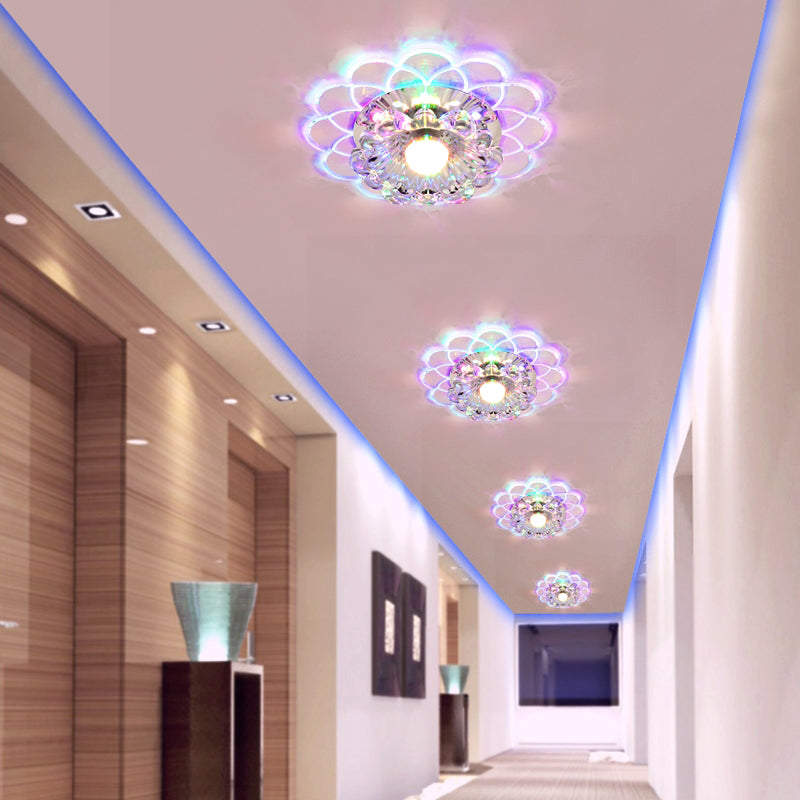 Modern Floral Flush Ceiling Light - Crystal Led Mount For Clear Entryway Lighting