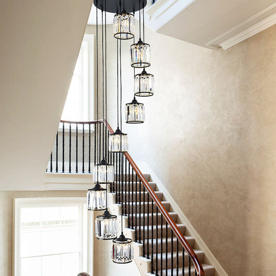 Modern Drum Multi-Light Pendant With Tri-Prism Crystal Staircase Hanging Lighting In Black 9 /