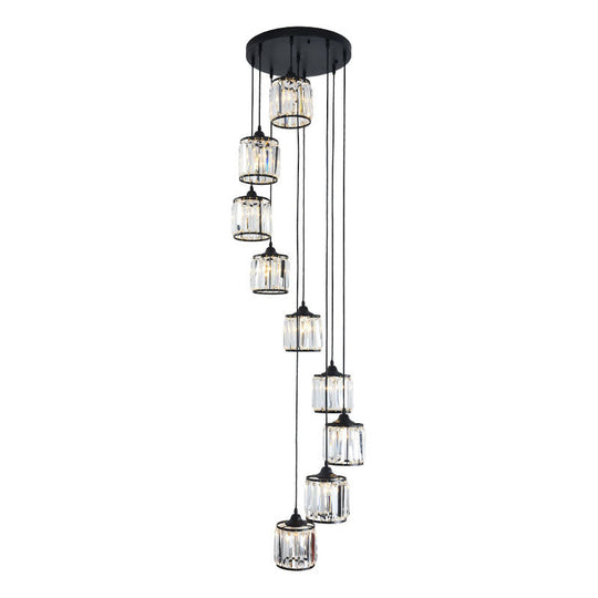Modern Drum Multi-Light Pendant With Tri-Prism Crystal Staircase Hanging Lighting In Black