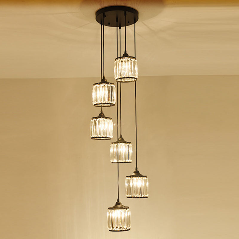 Modern Drum Pendant Crystal Staircase Lighting In Black - Multi Light & Tri-Prism Design 6 /