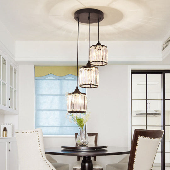 Modern Drum Pendant Crystal Staircase Lighting In Black - Multi Light & Tri-Prism Design 3 /