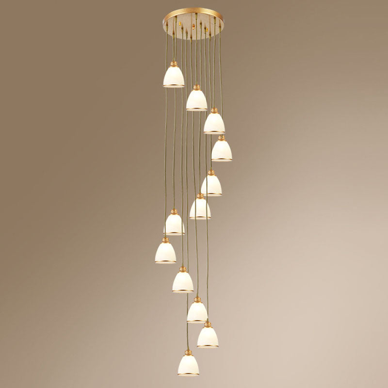 Simplicity Multi-Light Pendant | Cream Glass Spiral Bell Shade Staircase Hanging Light 12 / Gold