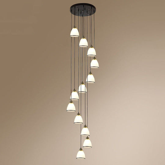 Simplicity Multi-Light Pendant | Cream Glass Spiral Bell Shade Staircase Hanging Light 12 / Black