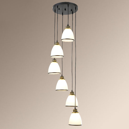 Simplicity Cream Glass Staircase Hanging Light With Spiral Bell Shade - Multi Pendant 6 / Black