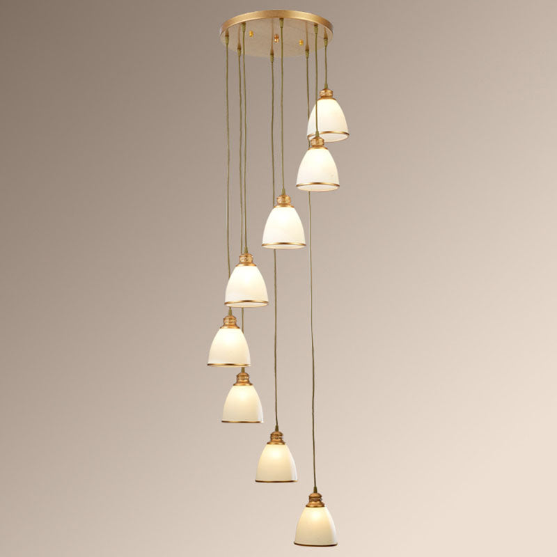 Simplicity Multi-Light Pendant | Cream Glass Spiral Bell Shade Staircase Hanging Light 8 / Gold
