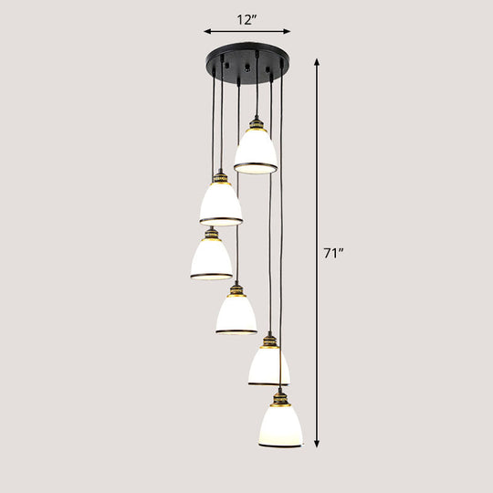 Simplicity Cream Glass Staircase Hanging Light With Spiral Bell Shade - Multi Pendant