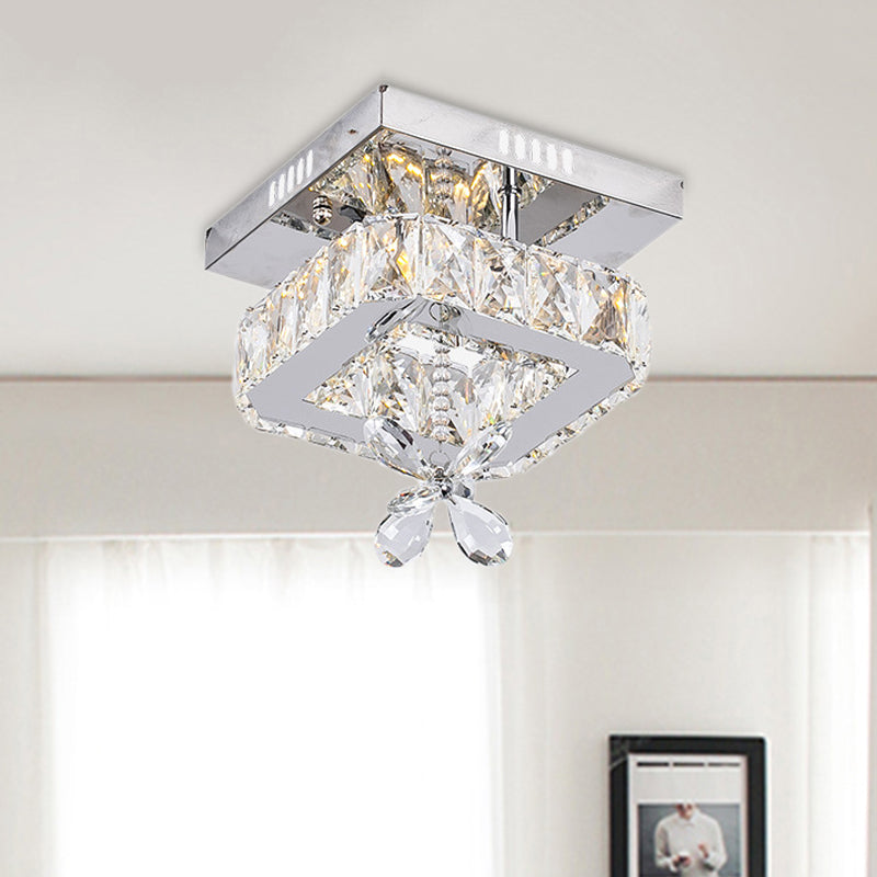 Cubic Crystal Led Bedroom Ceiling Light Fixture - 8’/12’ Width Semi Flush Mount Chrome Finish