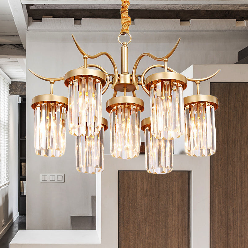 Modern Crystal Cylindrical Chandelier Light With Brass Finish - 7/9-Head Hanging Ceiling