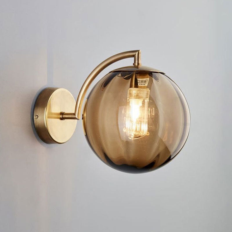 Gold Finish Wall Sconce With Ball Rib Glass Shade - Perfect Bedside Lighting Solution! Amber