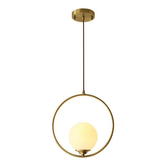 Minimalist Antique Gold Ball Ceiling Lamp With Cream Glass Shade And Ring Decoration