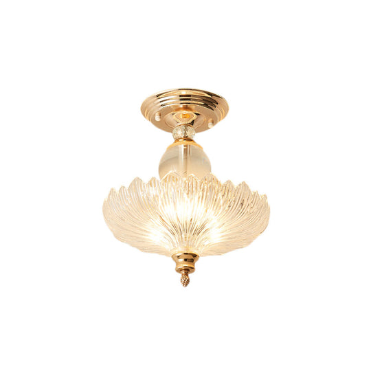 Modern Ribbed Glass Semi Flush Mount Light In Black/Gold - 12’/16’ Diameter 1 Crystal Ceiling Lamp