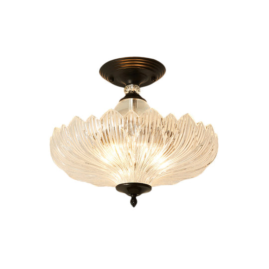 Modern Ribbed Glass Semi Flush Mount Light In Black/Gold - 12’/16’ Diameter 1 Crystal Ceiling Lamp