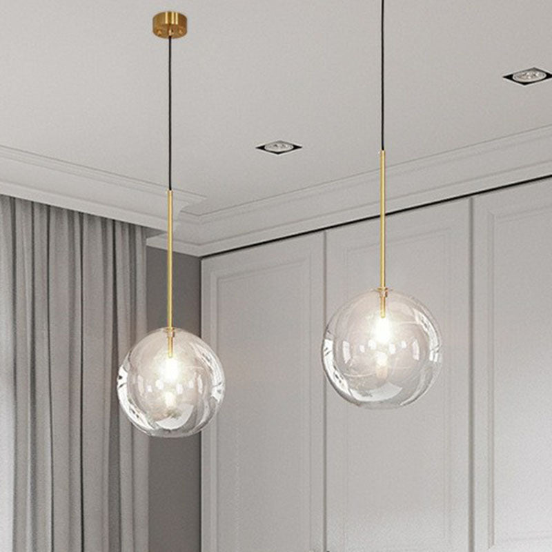 Minimalist Hand-Blown Glass Globe Pendant Light In Gold Finish - Ceiling Hanging Lamp