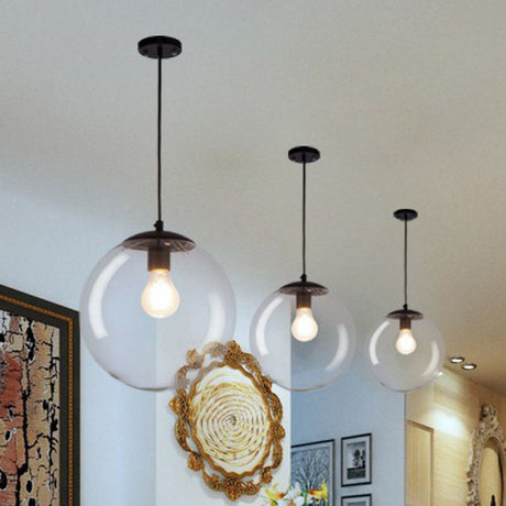 Sleek Clear Glass Spherical Pendant Light - Single Bulb Black Suspended Fixture