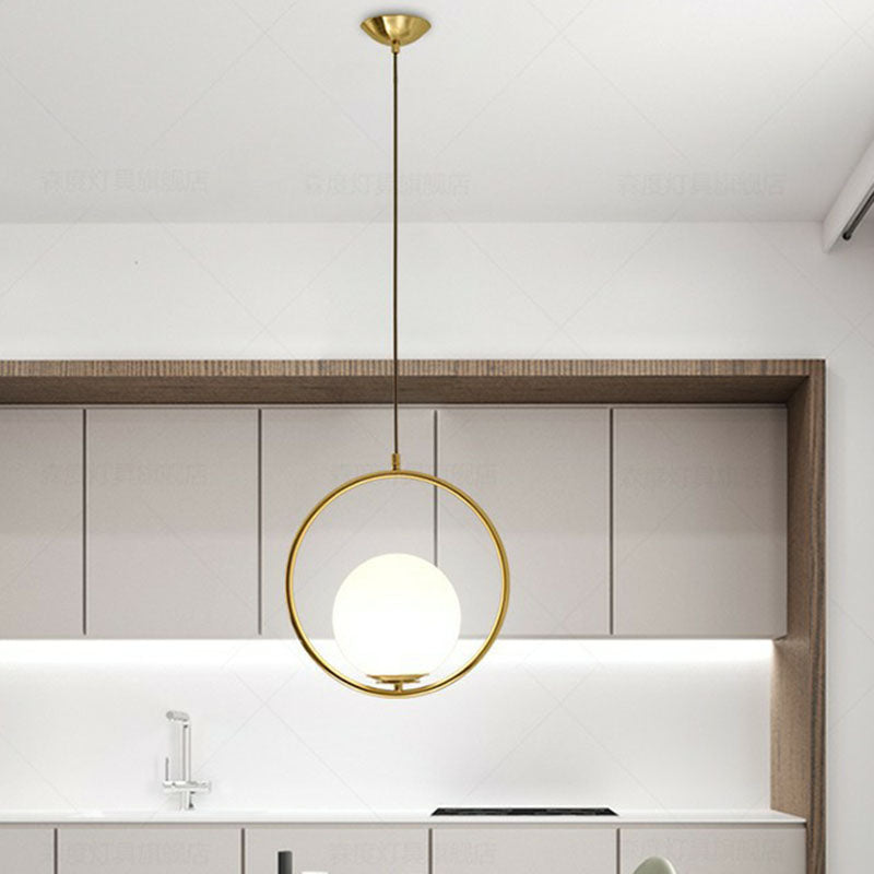 Modern Milky Glass Single-Bulb Pendant Light For Kitchen Ball Design Hanging Ceiling Lighting